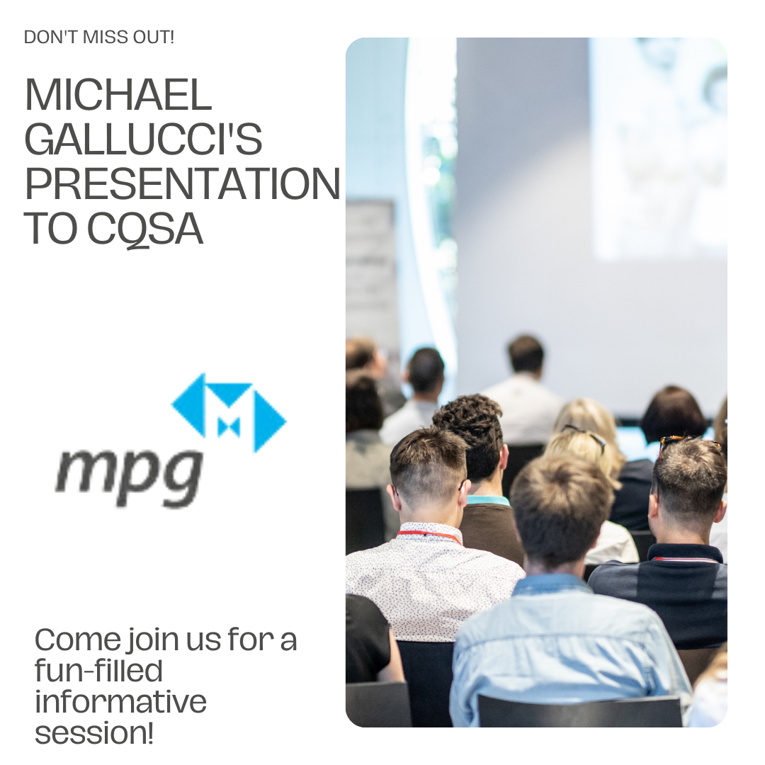 Audience attending Michael Gallucci's presentation at CQSA, featuring MPGQS logo, with a focus on construction surveying and industry expertise