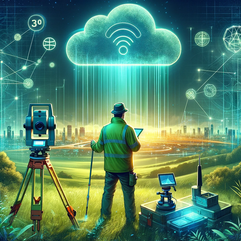 A surveyor with modern digital equipment in a field, representing the integration of cloud technology in quantity surveying.
